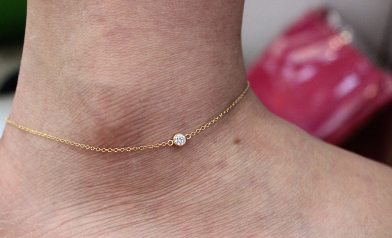 gold cz diamond Ankle bracelet, dainty gold anklet, tiny anklet, simple Gold Anklet, Gold Filled Chain Anklet, Summer, Beach, Bar Anklet image 4