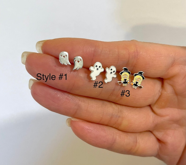 Sterling Silver Ghost Stud earrings, Casper the friendly ghost, halloween earrings Fall earrings Witch Jack o lantern children earrings. image 1