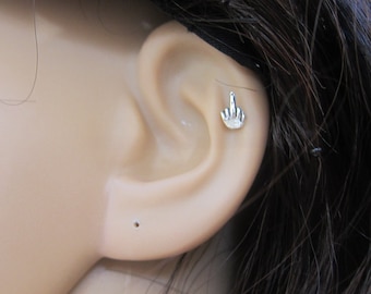 Tiny Middle Finger Cartilage Earring, Tragus earring, Helix earring, tiny cartilage earring, nose stud, nose pin, silver cartilage