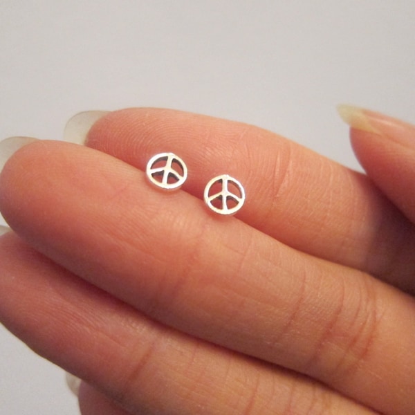 Tiny Sterling Silver Peace Sign Stud Earrings, Peace Jewelry, Dainty Earrings.