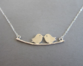 Love Birds on Sterling Silver Chain Necklace, Boyfriend Girlfriend Jewelry, Bird on Branch Necklace, Cute Necklace