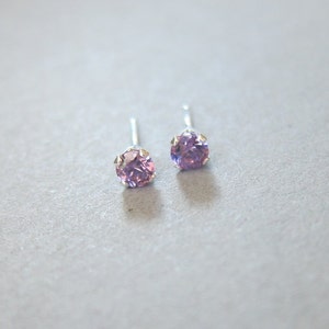 Tiny Sterling Silver 3mm Amethyst CZ Stud Earrings, Cartilage Earring, February Birthstone