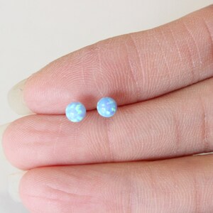 May include: A pair of small, round, blue opal stud earrings.