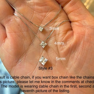 May include: Three silver necklaces with square-cut gemstones of varying sizes (3mm, 4mm, and 5mm) are displayed. The necklaces are on a cable chain. The text in the image says "Style #3".
