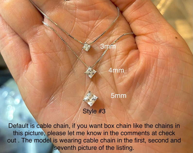 May include: Three silver necklaces with square-cut gemstones of varying sizes (3mm, 4mm, and 5mm) are displayed. The necklaces are on a cable chain. The text in the image says "Style #3".
