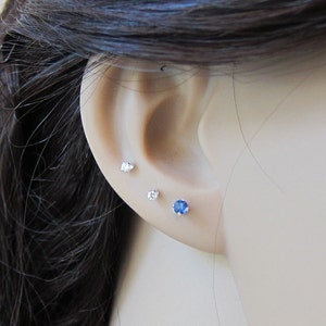 Tiny Sterling Silver 3mm Blue Sapphire  CZ Stud Earrings, Cartilage Earring,