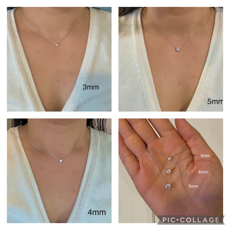 May include: A comparison of three different sizes of round diamond pendants on a silver chain. The pendants are 3mm, 4mm, and 5mm in diameter. The pendants are shown on a model's neck and in a close-up view.