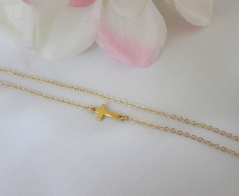 Extra tiny Gold Sideways Cross Necklace, Faith Necklace, Kelly Necklace, Celebrity Inspired image 3