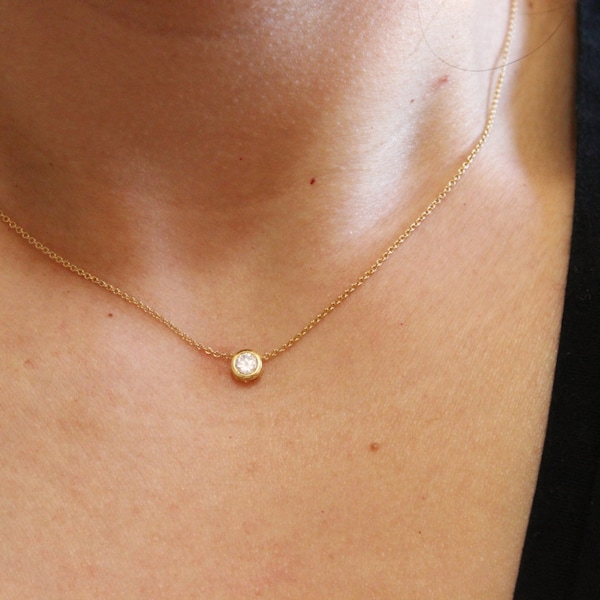 CZ Diamond Necklace, Solitaire diamond necklace, tiny diamond necklace, delicate necklace, thin gold necklace, minimalist, bridesmaid gift.