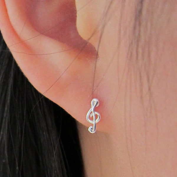 Sterling Silver Treble Clef Stud Earrings, Music note stud earrings,  tiny Stud Earrings, Everyday Jewelry, dainty earrings, gift for friend