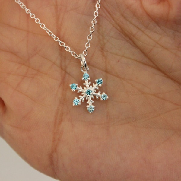 Sterling Silver Blue Topaz Snowflake Necklace, Mother Gift, Sister Gift, Christmas Gift, Blue Christmas