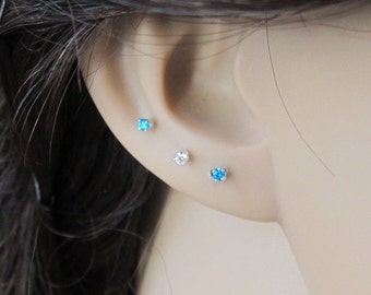 2mm Blue topaz earrings December birthstone earrings sterling silver stud earrings Birthday gift Adult Child Earrings Cartilage Earring