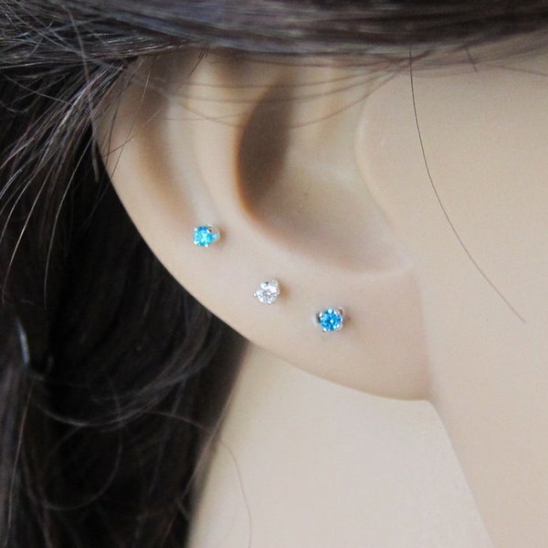 2mm Blue topaz earrings December birthstone earrings sterling silver stud earrings Birthday gift Adult Child Earrings Cartilage Earring
