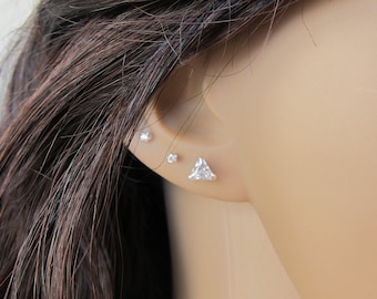 3mm, 4mm, 5mm Sterling Silver Triangle CZ stud earrings, minimalist, Cartilage Earring, simple earrings, everyday jewelry, geometric,