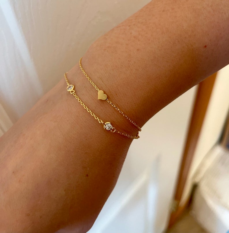tiny silver heart bracelet, gold dainty cz bracelet, rose gold delicate bracelet, bridesmaid gift, minimalist, thin bracelet, sister gift Set of 2 bracelets