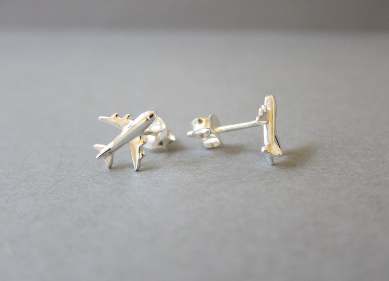 Tiny Sterling Silver Airplane Stud Earrings, Cute Earrings. image 1