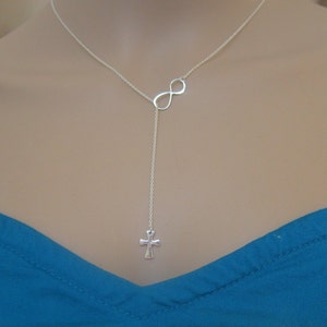 Sterling Silver Infinity Cross Necklace, Infinity Necklace, Cross Necklace, Lariat necklace, Mother Gift, Sister Gift. image 2