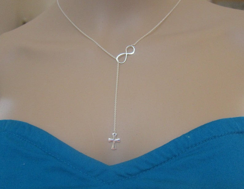 Sterling Silver Infinity Cross Necklace, Infinity Necklace, Cross Necklace, Lariat necklace, Mother Gift, Sister Gift. image 2