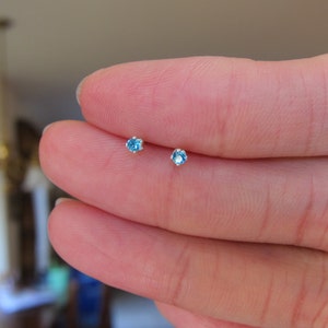 Sterling Silver 2mm Blue Zircon Stud Earrings ( available in 12 birthstone plus black, blue topaz) Cartilage Earring, tiny stud earrings,