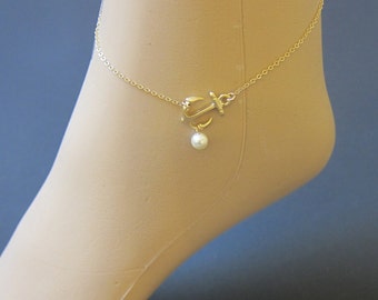 Sideways Anchor + Pearl Gold Filled Chain Anklet, Anchor Ankle Bracelet