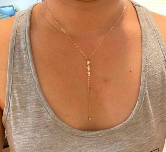 Lariat necklace, Cz Diamond Gold lariat necklace, Y necklace, layered necklace, Long Necklace, Delicate gold necklace, simple lariat.