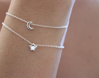 Tiny moon and star bracelet, layered bracelet, set of two bracelets, gift for girlfriend, sister gift, gift for mom, I love you to the moon