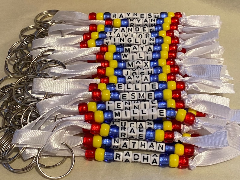 Personalised beaded bag tag or keychain for school bags, PE bags or handbag. Student and teacher present. image 8