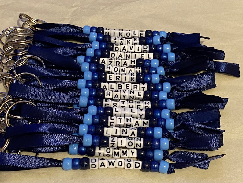 Personalised beaded bag tag or keychain for school bags, PE bags or handbag. Student and teacher present. image 1