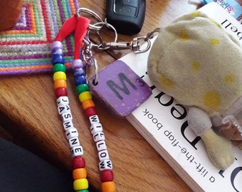 Personalised beaded bag tag or keychain for school bags, PE bags or handbag. Student and teacher presents.