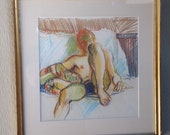 REDUCED FREE SHIPPING 1960 39 s Artist Signed Katthoff Original Expressionism Semi-Nude Male Colored Pencil Drawing Framed Under Glass