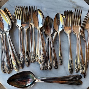 May include: A collection of silver-toned metal flatware including multiple forks and spoons. Each piece features a polished finish and a decorative embossed floral pattern on the handle. The set includes several upright forks and spoons.