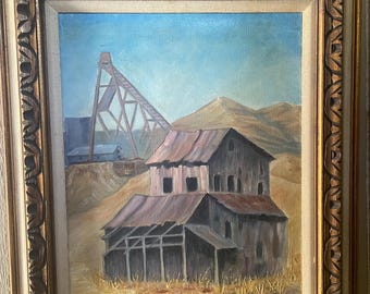 1967 Valley Artist League Artista Firmado Russ Reid óleo sobre lienzo titulado "La mina del buitre"