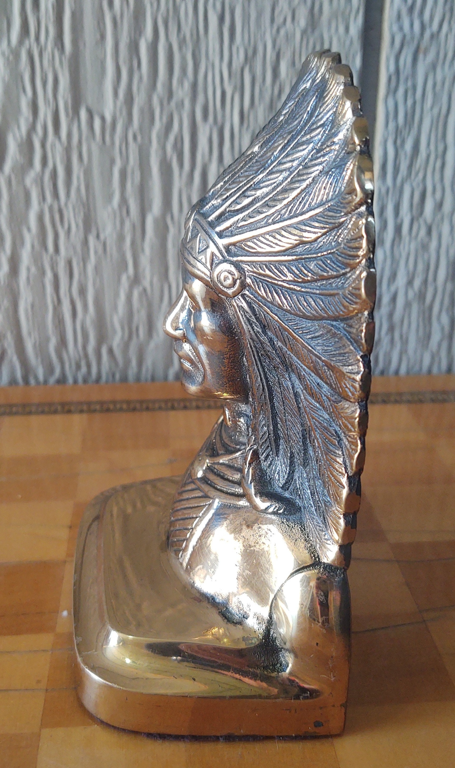 Single Antique Native American Indian Chief Ornate Brass Bookend