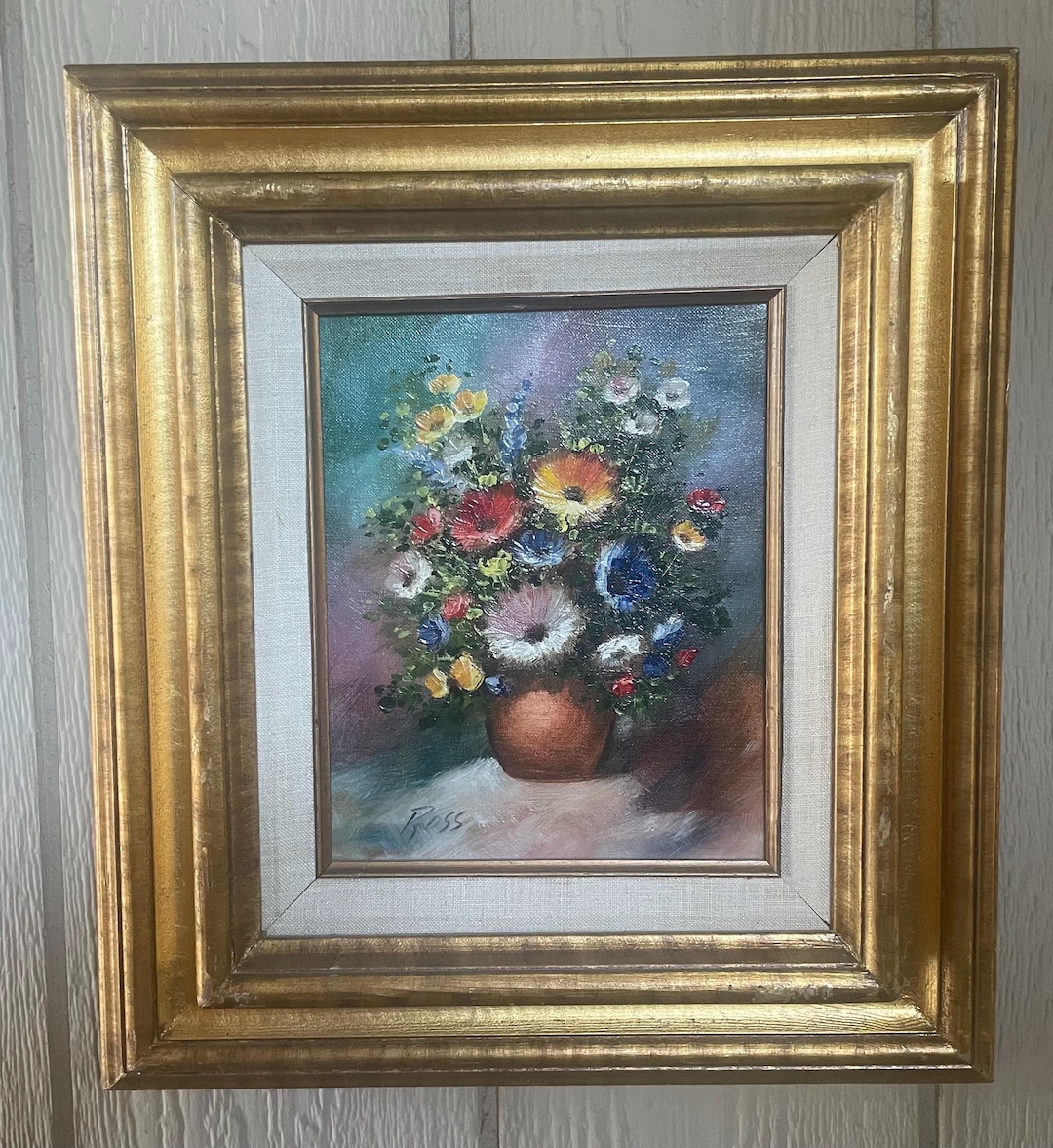 Still Life Flowers in Vase Oil on Canvas Painting in Ornate Gold Gilt ...