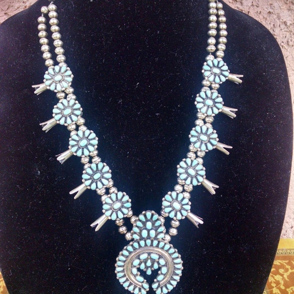 Vintage Sterling Silver and Petit Point Turquoise Squash Blossom Necklace - Signed By Artist "HM"