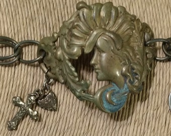 Antique Victorian Art Nouveau Figural Woman Religious Link Metal Bracelet