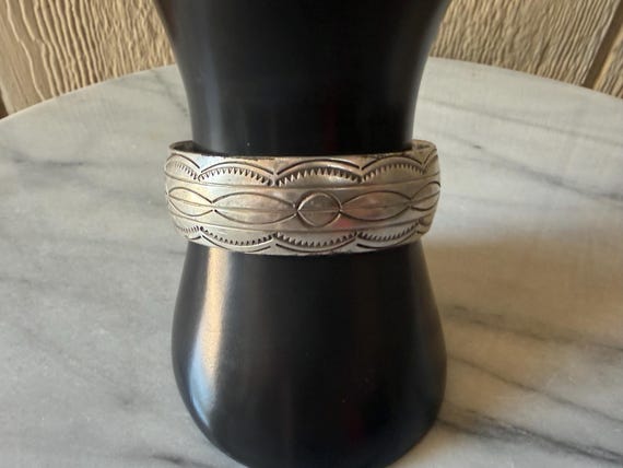 Large 8" Unisex Vintage Fannie Platero Navajo Sterling Silver Cuff Bracelet Signed F