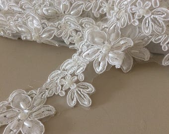 Bridal trim, Ivory Embroidered Floral Lace Trim - wedding dress, hair accessory or veil.