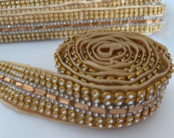 Diamonte gold Beaded Trim, wedding belt trim, dress trim, Costume trim.