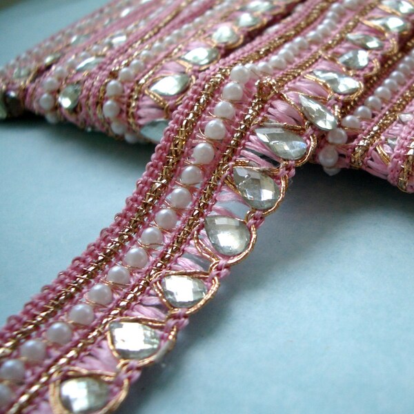 Beaded Trim in Pink with mother of pearl and rhinestone beads, cushion, fashion trim .