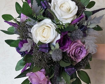 Pride of Scotland, Brides Scottish Thistle Teardrop Cascading Foliage Bouquet, Purple Artificial Silk Wedding Bridesmaid/Table Decoration