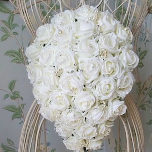 Rose Pearl & Crystal Diamante Bride Bouquet, Teardrop Cascade Wedding Bouquet,  Bridal Flowers, Handmade, White/Ivory