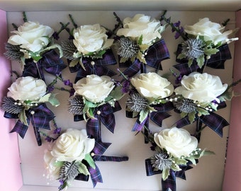 Scottish Thistle & Ivory Rose Boutonniere, Wedding Buttonhole/Corsage, Pride of Scotland Modern Tartan, Groom Groomsmen Artificial