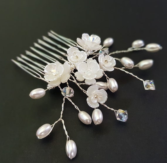 Handmade Ivory Floral Wedding Hair Comb, Swarovski Crystal 