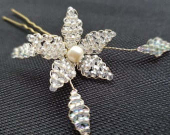 Crystal & Pearl Floral Hair Pin,  Brides Wedding Hair Accessory, Wedding Comb, Prom, gold/silver