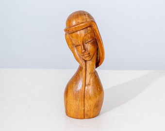 12" Mid Century Modern 1950's Female Bust Monkey Pod Wood Carving