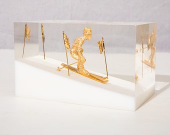 Vintage Canada Gold Skier in Lucite Sculpture