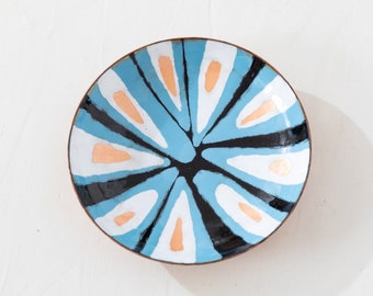 Copper Enamel Dish Blue Orange White 5-5/8" Diameter