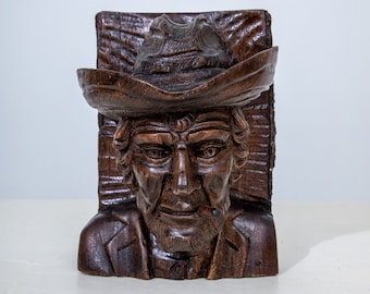 Wooden Hand Carved 8” Bust Of Man with Hat and Beard Smoking Live Edge Tree Trunk Log Folk Art