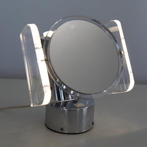 Beauty Mirror Rialto Chrome and Lucite Lighted Vanity Mirror With Normal and Magnification
